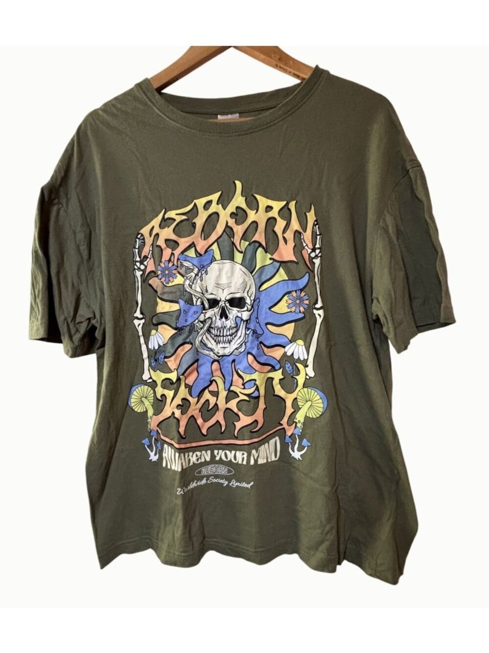 Reborn Society Skull Mushroom T Shirt Men's Large Olive Psychedelic Graphic Tee